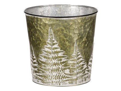 Obal z kovu na květiny, v zelené barvě s kapradím. (Barva Zelená)