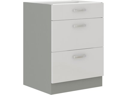 Kuchyňská skříňka Bolzano 60 cm, bílý lesk/šedá, 3 zásuvky
