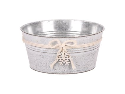 Obal kovový - kulatý, nízký, s dřevěnou vločkou, bílý (Barva Stříbrná)