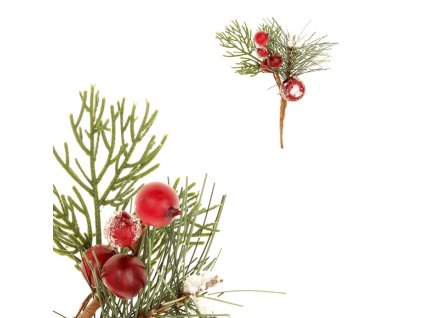Jehličí s červenými bobulemi - umělý trs, jemně ojíněný (Barva Vícebarevná)