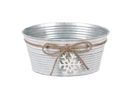 Obal kovový - kulatý, nízký, s dřevěnou vločkou, bílý (Barva Bílá)