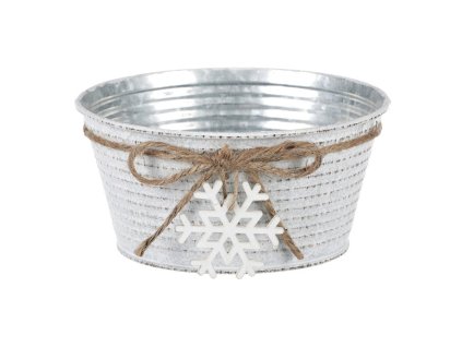 Obal kovový - kulatý, nízký, s dřevěnou vločkou, bílý (Barva Bílá)