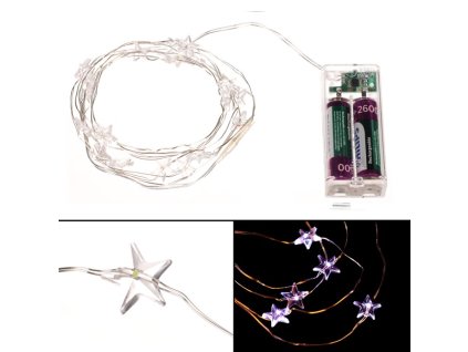 Řetěz s LED světýlky - časovač, hvězdičky, studená bílá barva, 2 m/20 LED (Barva Bílá)