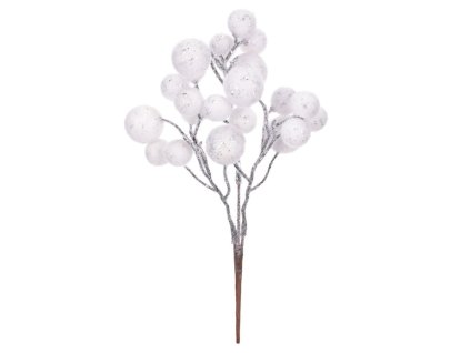 Větev umělá - bílé bobule, přízdoba se trřpytkami, cena za 1 ks (Barva Bílá)