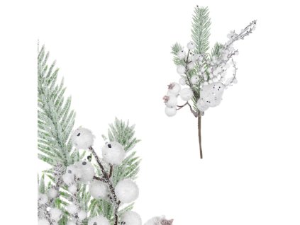 Smrk s bílými bobulemi - umělá větev, zasněžená (Barva Bílá)