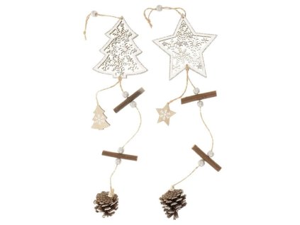 Hvězda a stromek - girlanda, dřevo, mix 2, cena za 1 ks (Barva Bílá)