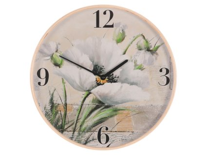 Hodiny nástěnné - pr. 40 cm, MDF a dřevený rám, kvetoucí mák (Barva Bílá)