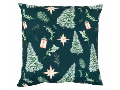 Polštář s výplní, samet. Vánoční motiv, stromek na zeleném podkladu. 45x45 cm.