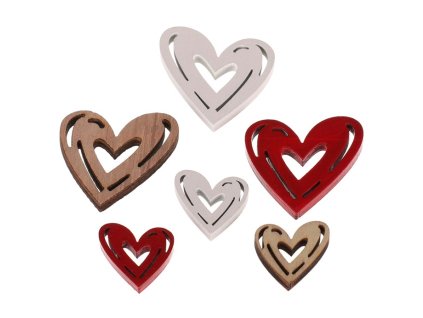 Srdce - dřevěné, mix 3 barev a 2 vel., cena za balení (24 ks) (Barva Vícebarevná)