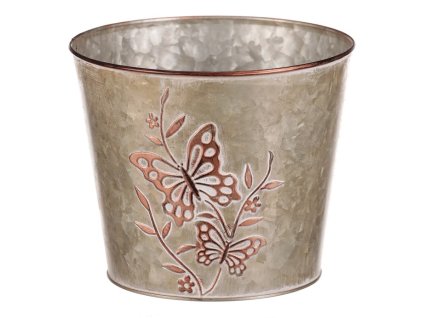 Kovový obal na květiny, design s motýly. (Barva Hnědá)