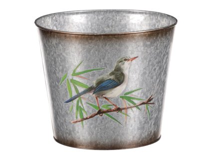 Kovový obal na květiny, design s ptáčky. (Barva Stříbrná)