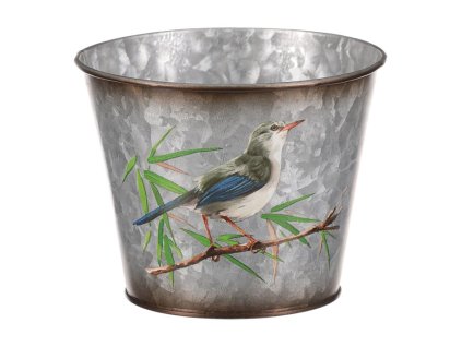 Kovový obal na květiny, design s ptáčky. (Barva Stříbrná)