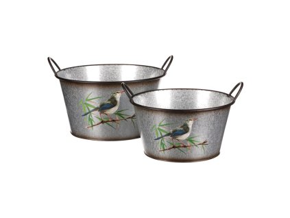Kovový obal na květiny, sada 2ks, design s ptáčky. (Barva Stříbrná)
