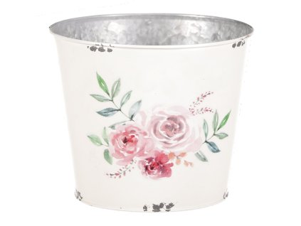 Kovový obal na květiny, design s růžemi. (Barva Bílá)