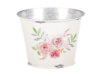 Kovový obal na květiny, design s růžemi. (Barva Bílá)