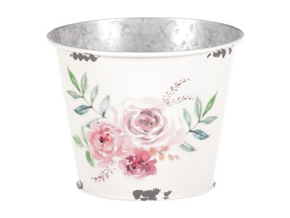 Kovový obal na květiny, design s růžemi. (Barva Bílá)