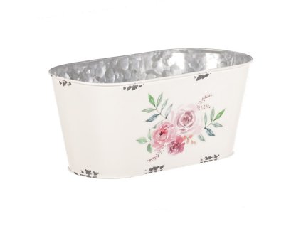 Kovový truhlík, design s růžemi. (Barva Bílá)