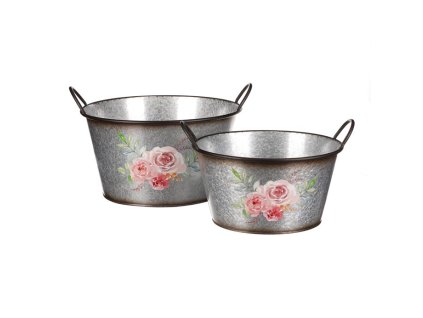 Kovový obal na květiny, sada 2ks. Design s růžemi. (Barva Stříbrná)