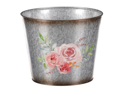 Kovový obal na květiny. Design s růžemi. (Barva Stříbrná)