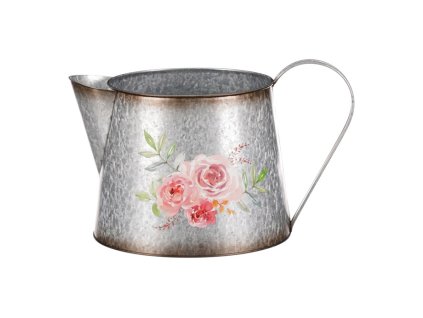 Kovový obal na květiny, tvar konve. Design s růžemi. (Barva Stříbrná)