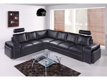 Černá kožená rozkládací sedací souprava Endy s taburety 135x200 cm