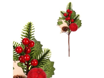 Smrk s přízdobami - umělá větev, červené jablko a bobule (Barva Červená)