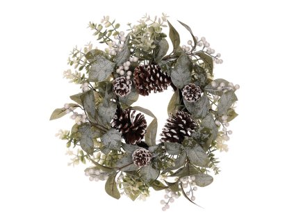 Věnec zelený - pr. 45 cm, lístky, šišky a bílé bobule s perletí (Barva Zelená)