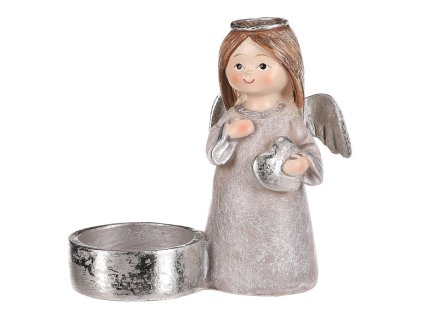 Anděl s kalíškem na svíčku - polyresin, šedý se stříbrným srdcem (Barva Šedá)