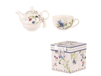 Konvička se šálkem - dárkový set v krabičce, porcelán, bílý s lesními plody (Barva Vícebarevná)