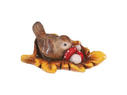 Ptáček s muchomůrkami na lístku - keramická dekorace (Barva Hnědá)