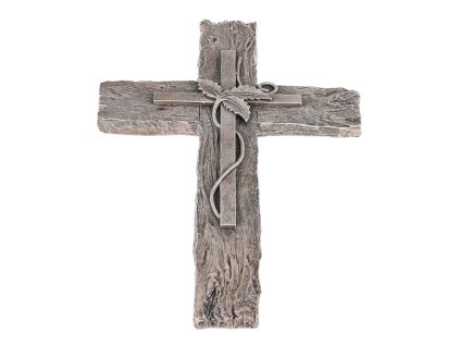 Kříž s lístky, imitace dřeva - polyresin, šedý (Barva Šedá)