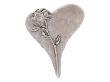 Srdce zaoblené s růží - polyresin, šedé (Barva Šedá)