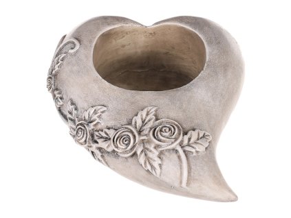 Srdce s růžemi - polyresin, na čaj./LED svíčku, šedé (Barva Šedá)