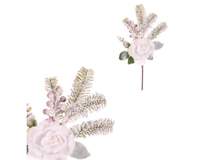 Smrk s růží a bobulemi - umělá větev, zasněžená (Barva Bílá)