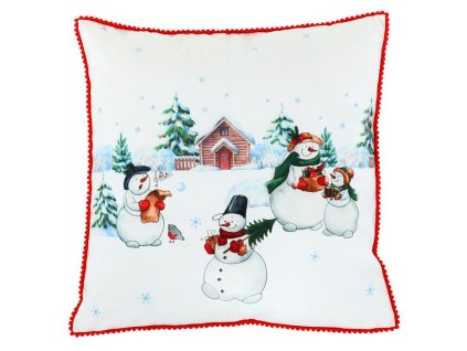 Polštář sametový s výplní, bílý - se sněhuláky, 100% polyester, 45 x 45 cm (Barva Bílá)
