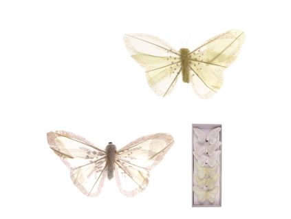 Motýl s klipem, 6ks v krabičce, bílý s glitry, cena za 1 krabičku (Barva Bílá)