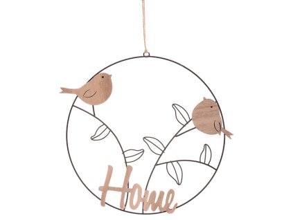 Kruh závěsný - ptáčci s nápisem "HOME", dekorace z kovu a dřeva (Barva Hnědá)