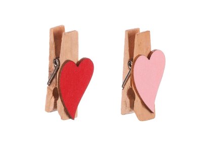 Srdce na klipu - dřevěné, mix 2 druhů, cena za balení (12 ks) (Barva Vícebarevná)