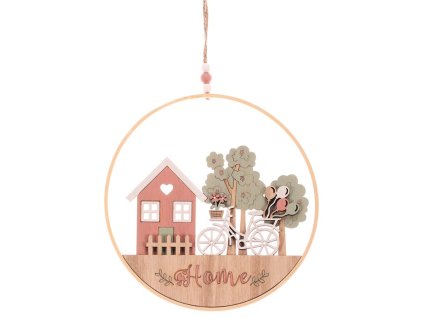 Kruh závěsný - domeček, strom a kolo, dekorace ze dřeva (Barva Vícebarevná)
