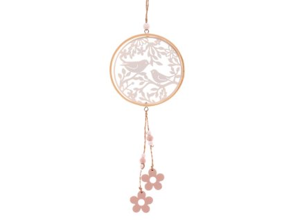 Kruh závěsný - ptáčci a květiny, dekorace z kovu a dřeva (Barva Béžová)