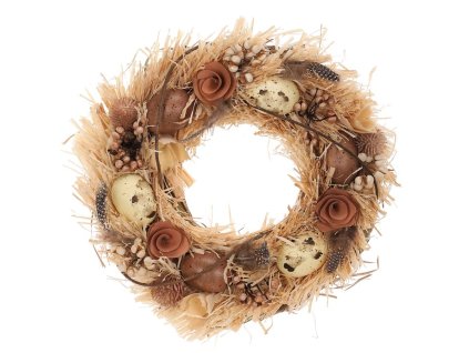 Věnec slaměný - pr. 30 cm, vajíčka, květy a pírka (Barva Béžová)