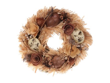 Věnec slaměný - pr. 24 cm, vajíčka, květy a pýrka (Barva Béžová)