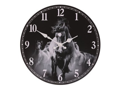Hodiny nástěnné - pr. 34 cm, MDF, černo-bílé, motiv koní (Barva Černá)