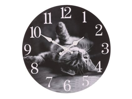 Hodiny nástěnné - pr. 34 cm, MDF, hravé kotě (Barva Šedá)