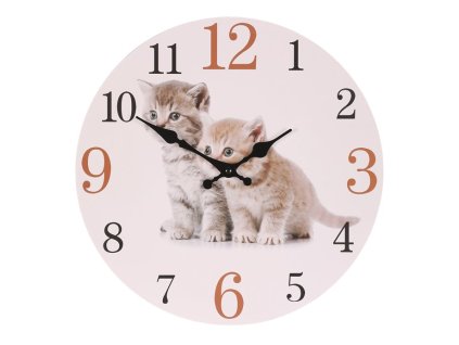 Hodiny nástěnné - pr. 34 cm, MDF, zvídavá koťata (Barva Krémová)