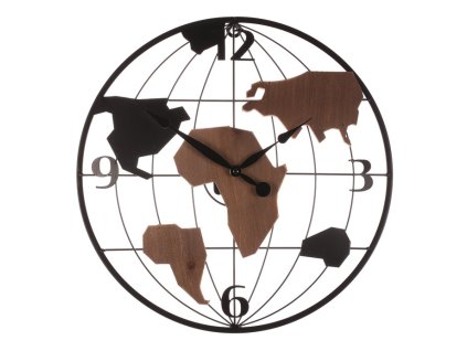 Hodiny nástěnné - pr. 40 cm, kov a MDF, motiv světadílů (Barva Hnědá)