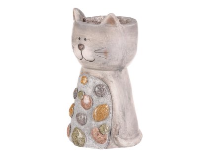 Kočka - magnesium, obal na květiny, šedá s kamínky (Barva Šedá)