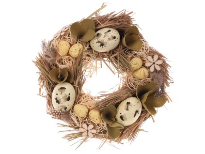 Věnec slaměný - pr. 24 cm, vajíčka, květy a lístky (Barva Béžová)