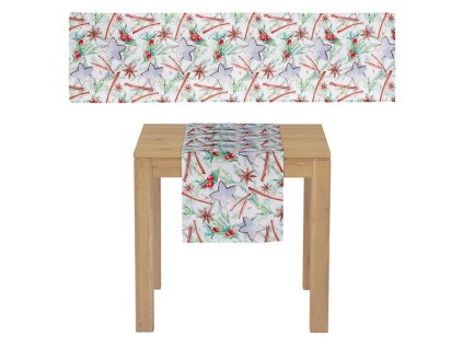 Běhoun s vánočním motivem - bílý podklad, 100% polyester, 40 x 150 cm. (Barva Bílá)