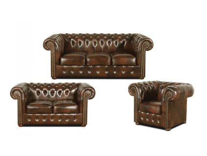 Luxusní hnědá kožená sedací souprava Chesterfield Classic 3+2+1